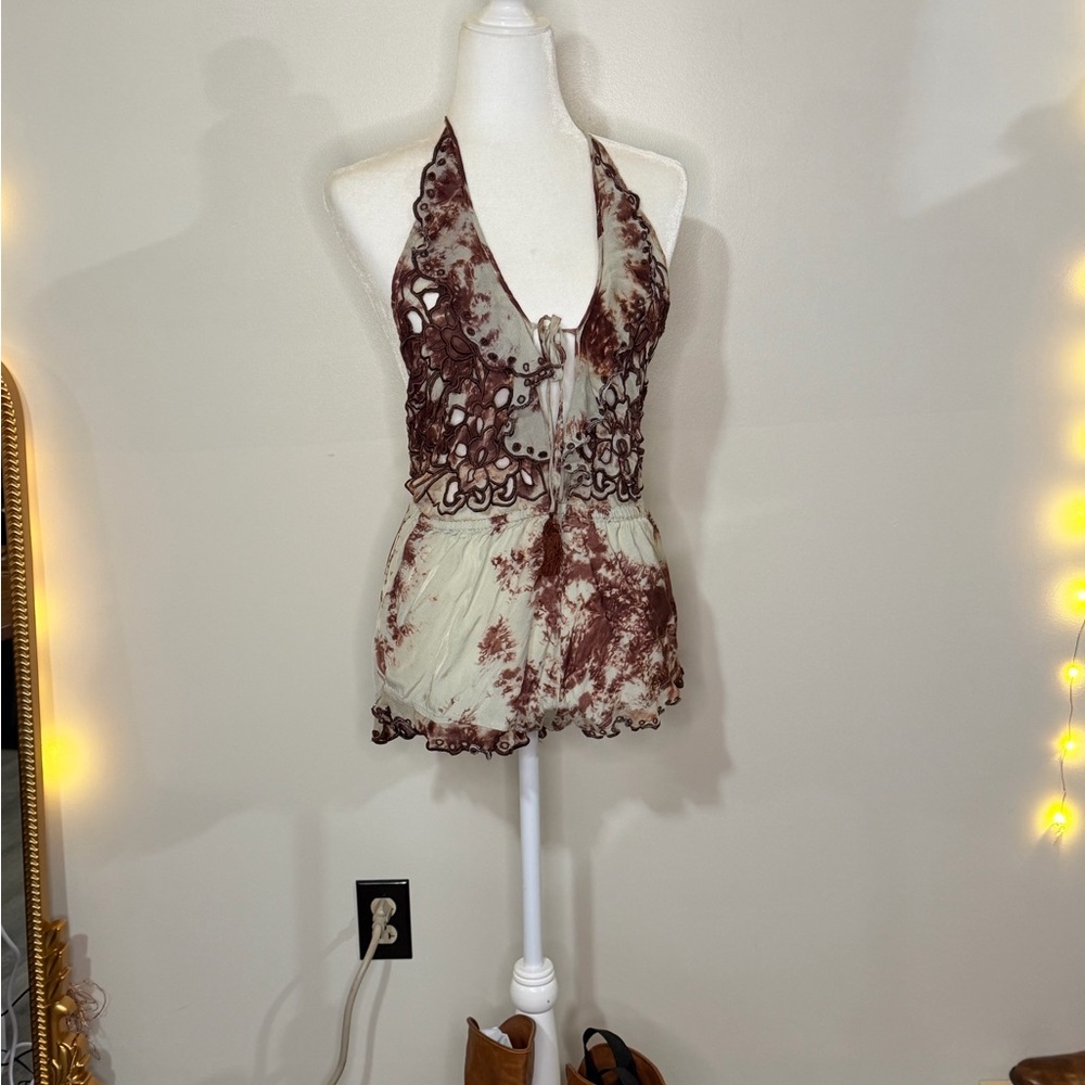 Free People Maroon and Cream Tie-Dye Romper - Picture 2 of 13